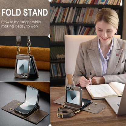 For Samsung Galaxy Z Flip6 DG.MING M5 Series Zip RFID Multi Card Detachable Leather Phone Case with Long Lanyard(Coffee)