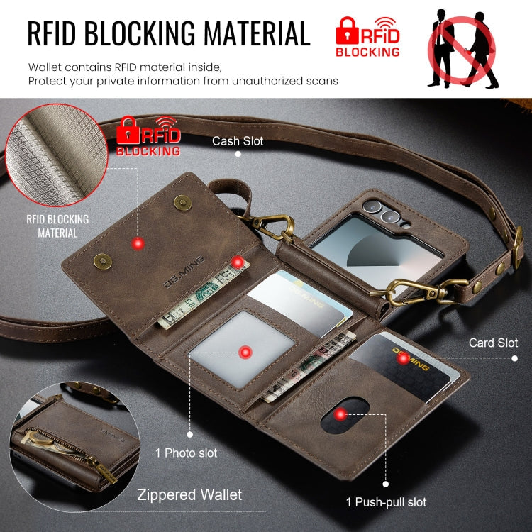 For Samsung Galaxy Z Flip6 DG.MING M5 Series Zip RFID Multi Card Detachable Leather Phone Case with Long Lanyard(Coffee)