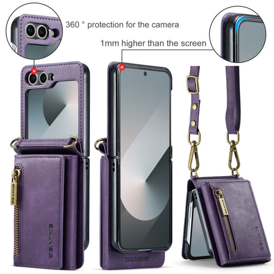 For Samsung Galaxy Z Flip6 DG.MING M5 Series Zip RFID Multi Card Detachable Leather Phone Case with Long Lanyard(Purple)