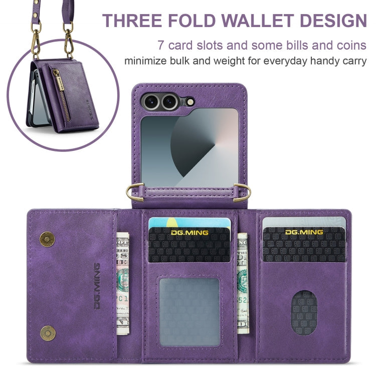For Samsung Galaxy Z Flip6 DG.MING M5 Series Zip RFID Multi Card Detachable Leather Phone Case with Long Lanyard(Purple)