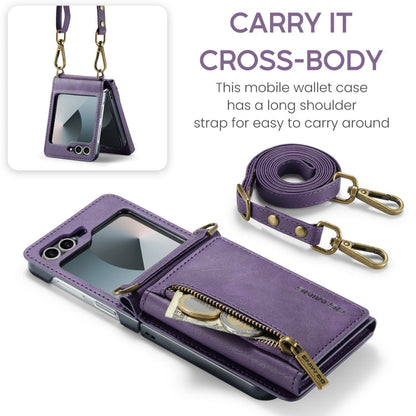 For Samsung Galaxy Z Flip6 DG.MING M5 Series Zip RFID Multi Card Detachable Leather Phone Case with Long Lanyard(Purple)