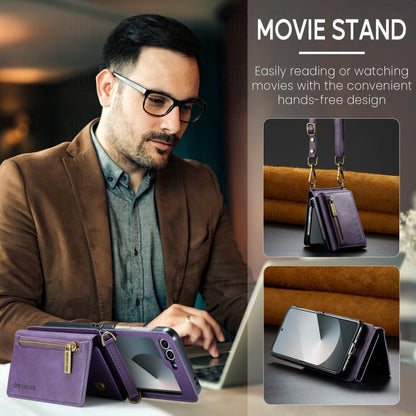 For Samsung Galaxy Z Flip6 DG.MING M5 Series Zip RFID Multi Card Detachable Leather Phone Case with Long Lanyard(Purple)