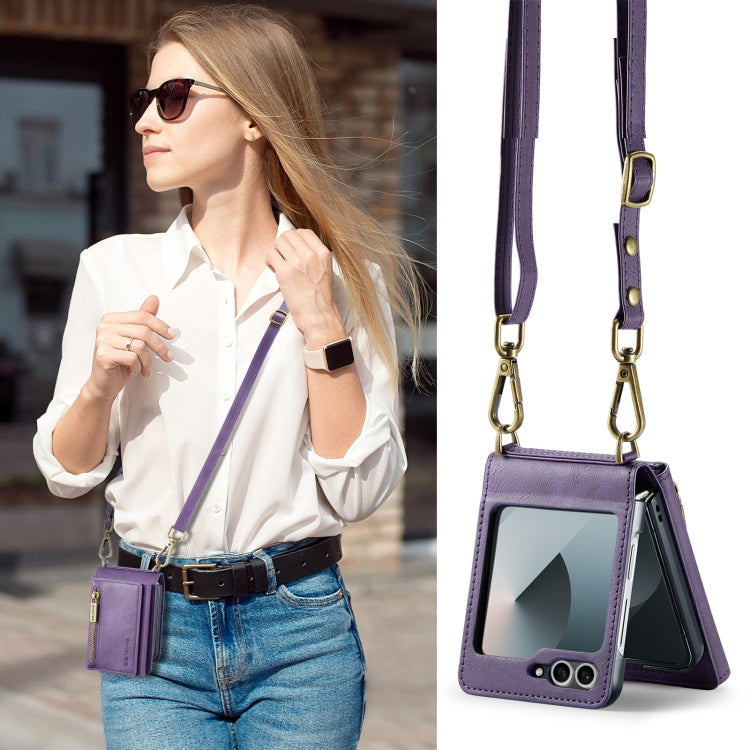 For Samsung Galaxy Z Flip6 DG.MING M5 Series Zip RFID Multi Card Detachable Leather Phone Case with Long Lanyard(Purple)