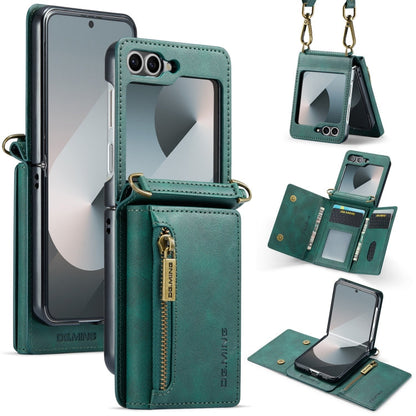 For Samsung Galaxy Z Flip6 DG.MING M5 Series Zip RFID Multi Card Detachable Leather Phone Case with Long Lanyard(Green)