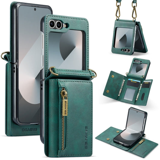 Pour Samsung Galaxy Z Flip6 DG.MING M5 Series Étui de téléphone en cuir détachable avec fermeture éclair, protection RFID et plusieurs fentes pour cartes, avec cordon long (vert)