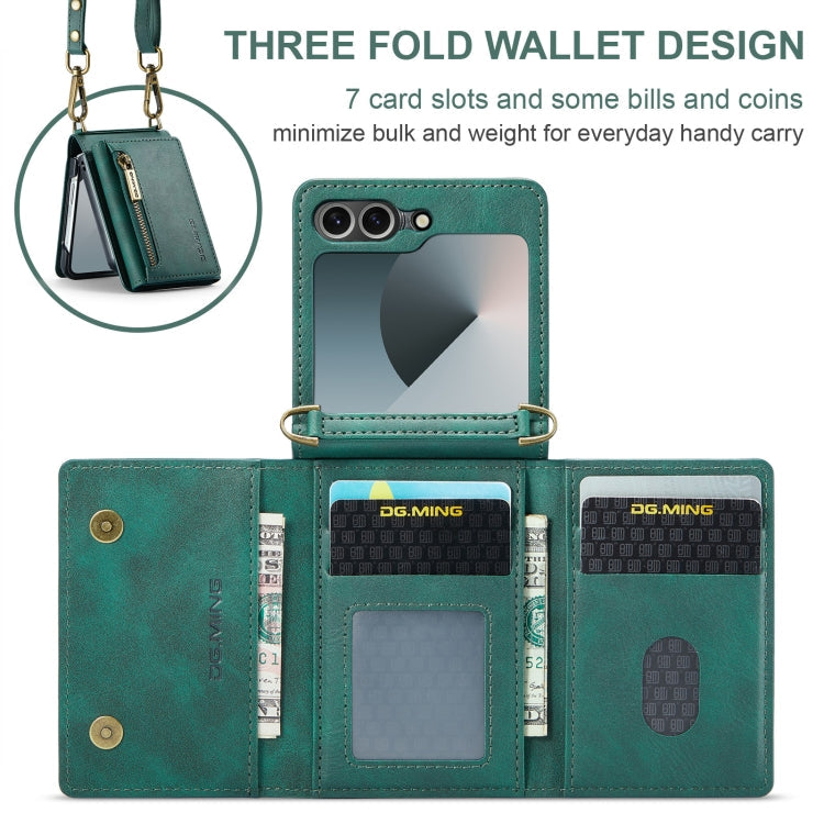 For Samsung Galaxy Z Flip6 DG.MING M5 Series Zip RFID Multi Card Detachable Leather Phone Case with Long Lanyard(Green)