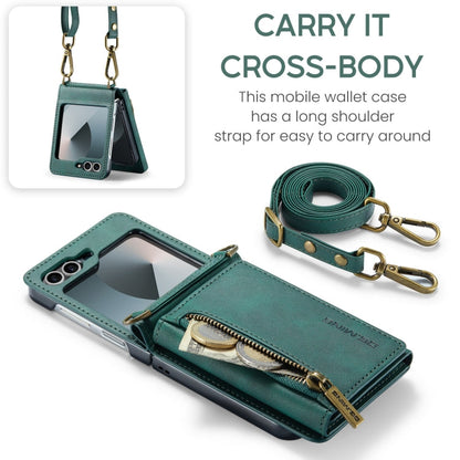 For Samsung Galaxy Z Flip6 DG.MING M5 Series Zip RFID Multi Card Detachable Leather Phone Case with Long Lanyard(Green)