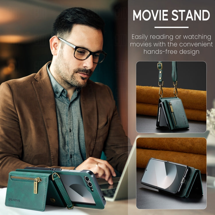 For Samsung Galaxy Z Flip6 DG.MING M5 Series Zip RFID Multi Card Detachable Leather Phone Case with Long Lanyard(Green)