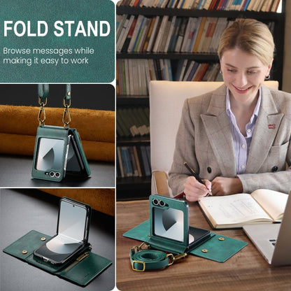 For Samsung Galaxy Z Flip6 DG.MING M5 Series Zip RFID Multi Card Detachable Leather Phone Case with Long Lanyard(Green)