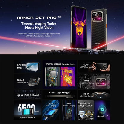 [Entrepôt de Hong Kong] Téléphone robuste Ulefone Armor 25T Pro, 8 Go+256 Go, imagerie thermique, Android 15 de 6,78 pouces, MediaTek Dimensity 6300 Octa Core, Réseau : 5G, NFC (Noir givré)