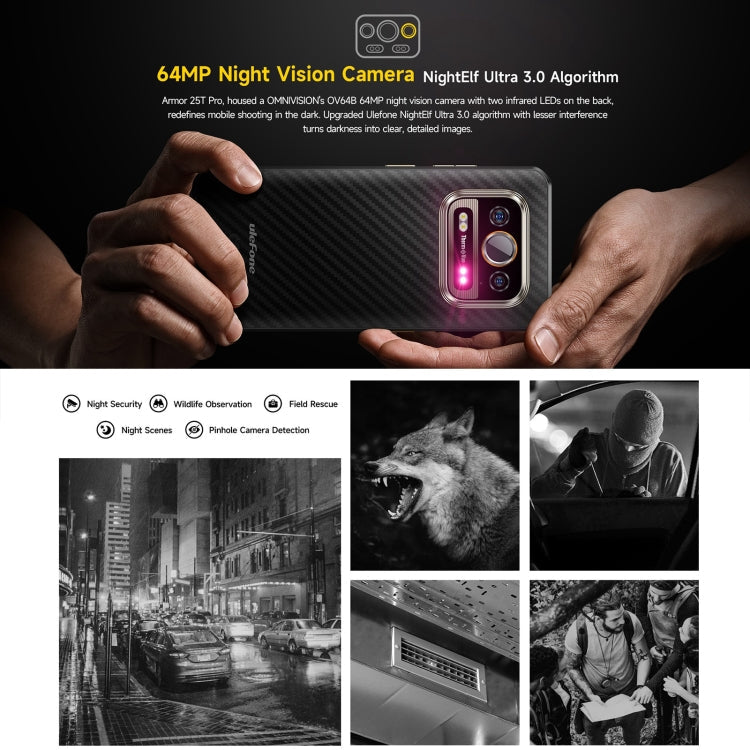 [Entrepôt de Hong Kong] Téléphone robuste Ulefone Armor 25T Pro, 8 Go+256 Go, imagerie thermique, Android 15 de 6,78 pouces, MediaTek Dimensity 6300 Octa Core, Réseau : 5G, NFC (Noir givré)