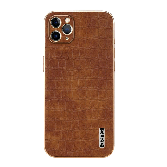 For iPhone 11 Pro AZNS Electroplated Frame Crocodile Texture Full Coverage Phone Case(Brown)