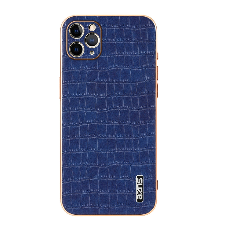 For iPhone 11 Pro AZNS Electroplated Frame Crocodile Texture Full Coverage Phone Case(Blue)