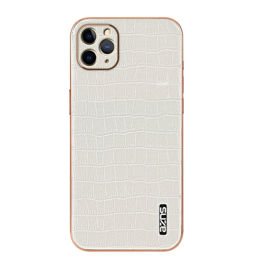 For iPhone 11 Pro AZNS Electroplated Frame Crocodile Texture Full Coverage Phone Case(White)