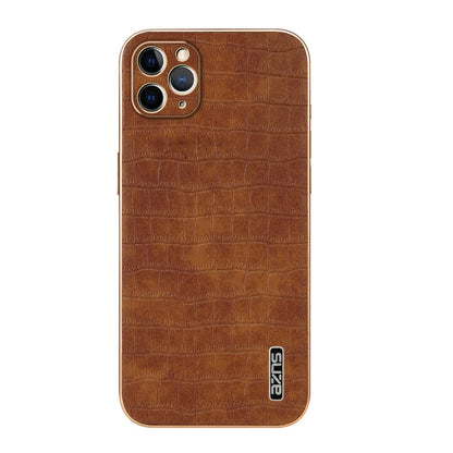 For iPhone 11 Pro Max AZNS Electroplated Frame Crocodile Texture Full Coverage Phone Case(Brown)