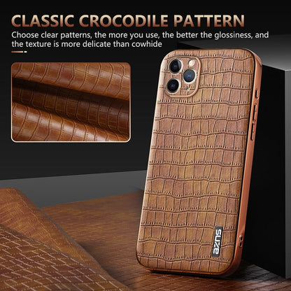 For iPhone 11 Pro Max AZNS Electroplated Frame Crocodile Texture Full Coverage Phone Case(Brown)