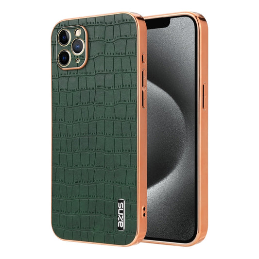 For iPhone 11 Pro Max AZNS Electroplated Frame Crocodile Texture Full Coverage Phone Case(Green)