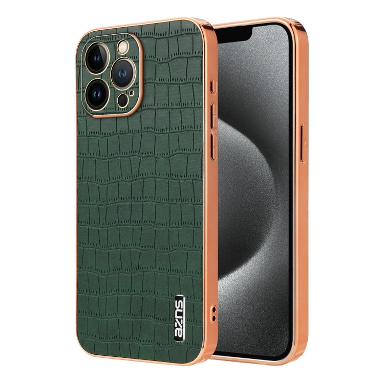 Pour iPhone 12 Pro AZNS Coque de téléphone à couverture complète en texture crocodile avec cadre galvanisé (vert)