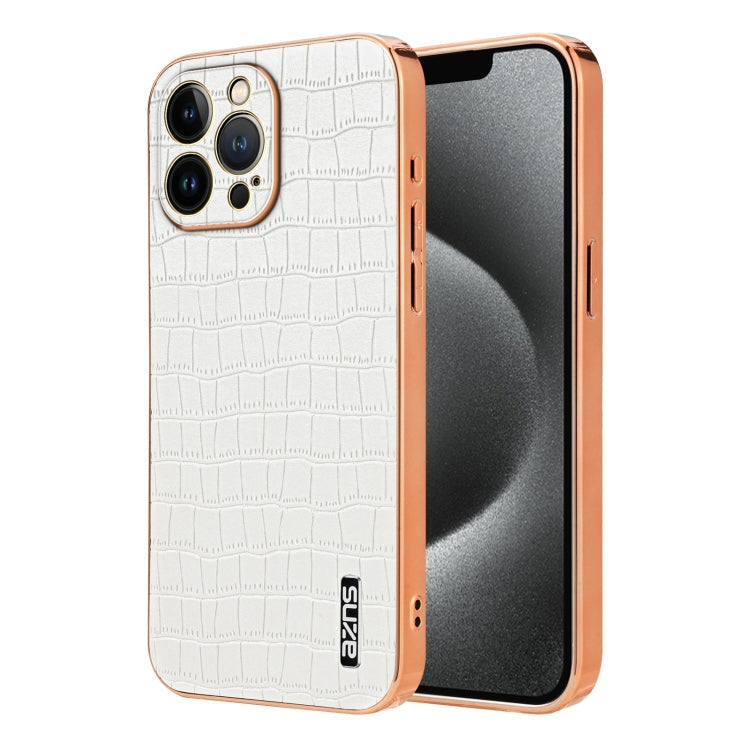 For iPhone 12 Pro AZNS Electroplated Frame Crocodile Texture Full Coverage Phone Case(White)