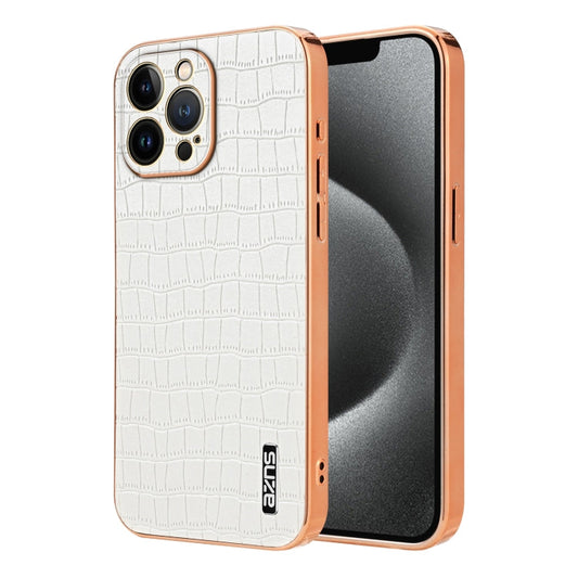 Pour iPhone 12 Pro AZNS Coque de téléphone à couverture complète avec cadre galvanisé et texture crocodile (Blanc)