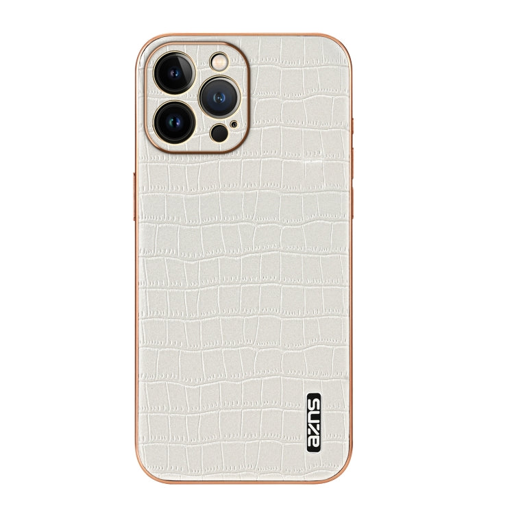 For iPhone 12 Pro AZNS Electroplated Frame Crocodile Texture Full Coverage Phone Case(White)
