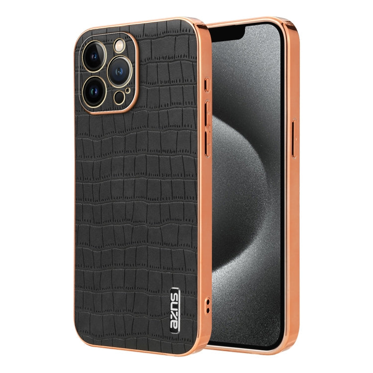 Pour iPhone 12 Pro Max Étui de téléphone AZNS à cadre galvanisé avec texture crocodile et couverture intégrale (noir)