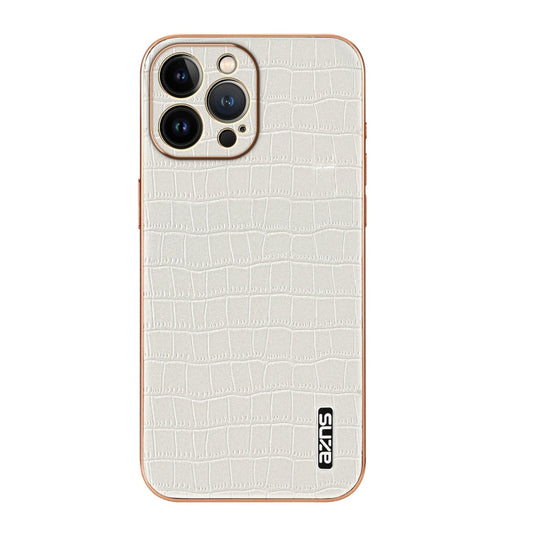 Pour iPhone 12 Pro Max AZNS Coque de téléphone à cadre électroplaqué et texture crocodile, couvrance complète (blanc)