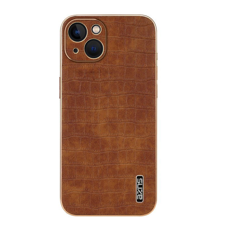 For iPhone 13 AZNS Electroplated Frame Crocodile Texture Full Coverage Phone Case(Brown)