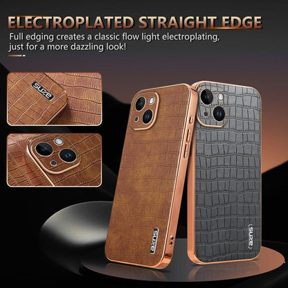 For iPhone 13 AZNS Electroplated Frame Crocodile Texture Full Coverage Phone Case(Brown)