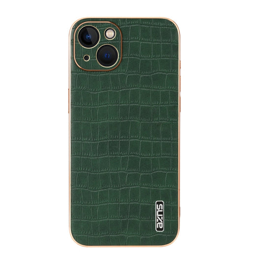 Pour iPhone 13 AZNS Coque de téléphone à couvrance complète avec cadre galvanisé et texture crocodile (Vert)