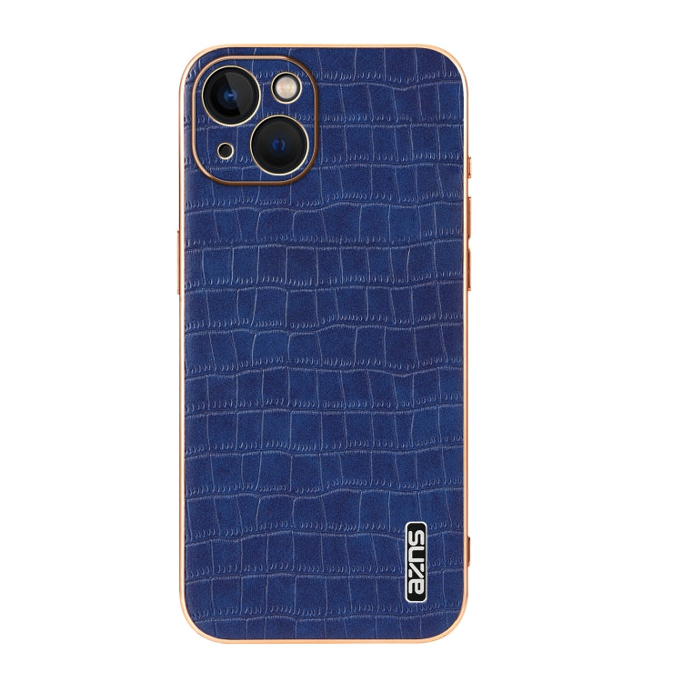 Pour iPhone 13 AZNS Coque de téléphone à couvrance complète avec cadre galvanisé et texture crocodile (bleu)