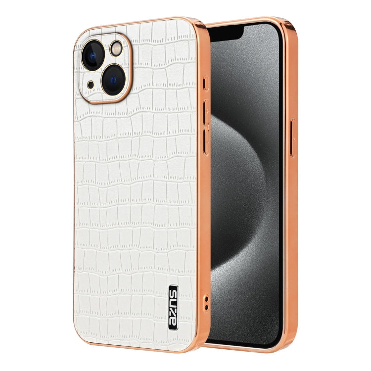 For iPhone 13 AZNS Electroplated Frame Crocodile Texture Full Coverage Phone Case(White)