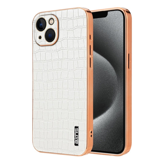 Pour iPhone 13 AZNS Coque de téléphone à couverture complète avec cadre électrolytique et texture crocodile (Blanc)