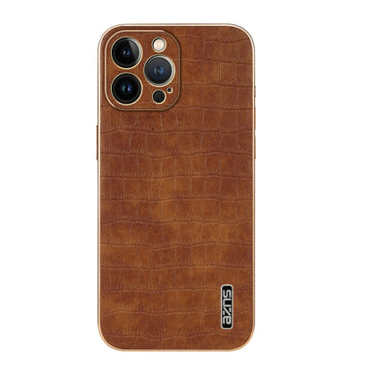 For iPhone 13 Pro Max AZNS Electroplated Frame Crocodile Texture Full Coverage Phone Case(Brown)