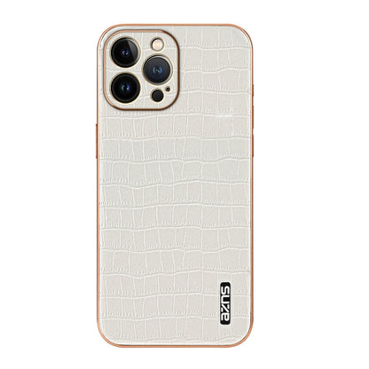 For iPhone 13 Pro Max AZNS Electroplated Frame Crocodile Texture Full Coverage Phone Case(White)