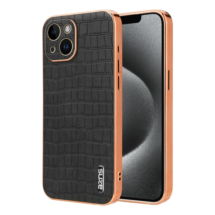 Pour iPhone 14 AZNS Coque de téléphone à couverture complète en texture crocodile avec cadre électroplaqué (noir)