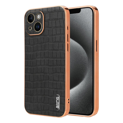 Pour iPhone 14 AZNS Coque de téléphone à couverture complète en texture crocodile avec cadre électroplaqué (noir)