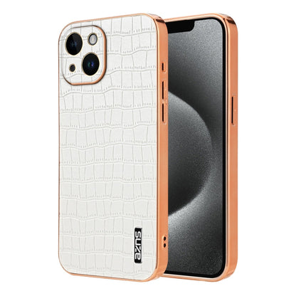 For iPhone 14 Plus AZNS Electroplated Frame Crocodile Texture Full Coverage Phone Case(White)