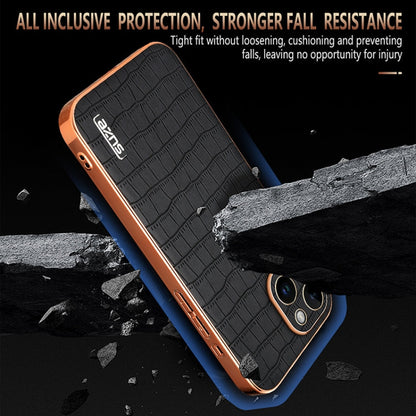 For iPhone 14 Plus AZNS Electroplated Frame Crocodile Texture Full Coverage Phone Case(White)