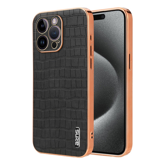 Pour iPhone 14 Pro Coque de téléphone à couverture complète AZNS avec cadre électroplaqué et texture crocodile (Noir)