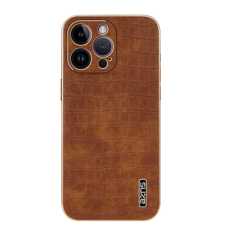 For iPhone 14 Pro AZNS Electroplated Frame Crocodile Texture Full Coverage Phone Case(Brown)