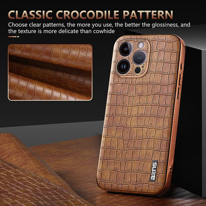 For iPhone 14 Pro AZNS Electroplated Frame Crocodile Texture Full Coverage Phone Case(Brown)