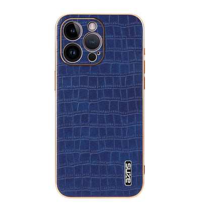 For iPhone 14 Pro AZNS Electroplated Frame Crocodile Texture Full Coverage Phone Case(Blue)