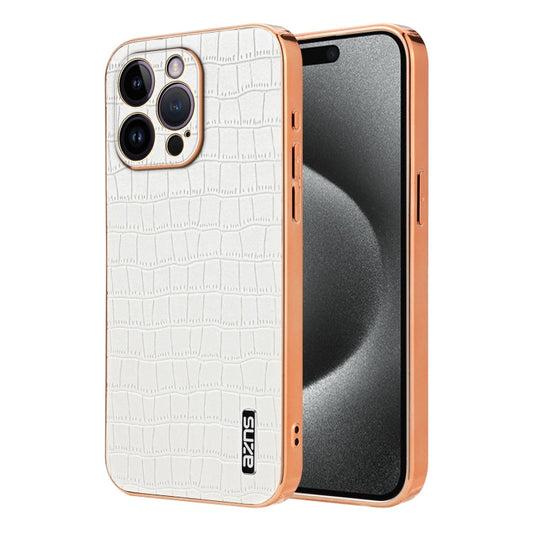 Pour iPhone 14 Pro Coque de Téléphone à Couverture Complète AZNS avec Cadre Électroplaqué et Texture Croco (Blanc)