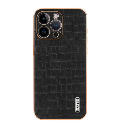 For iPhone 14 Pro Max AZNS Electroplated Frame Crocodile Texture Full Coverage Phone Case(Black)