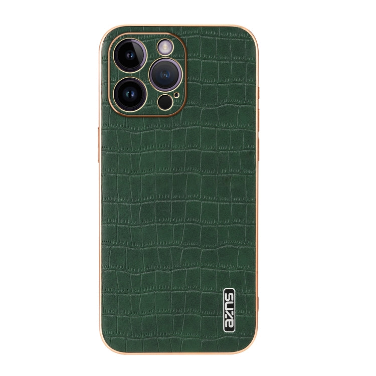 For iPhone 14 Pro Max AZNS Electroplated Frame Crocodile Texture Full Coverage Phone Case(Green)