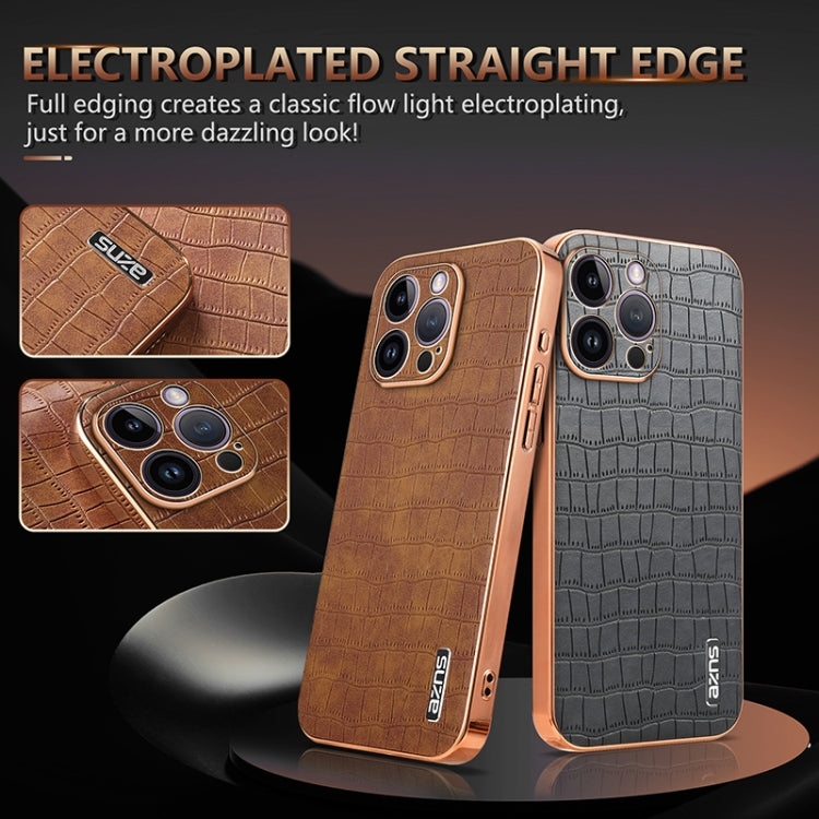 For iPhone 14 Pro Max AZNS Electroplated Frame Crocodile Texture Full Coverage Phone Case(Blue)