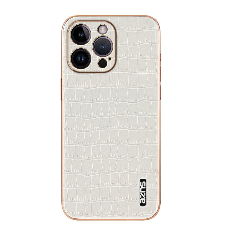 For iPhone 14 Pro Max AZNS Electroplated Frame Crocodile Texture Full Coverage Phone Case(White)