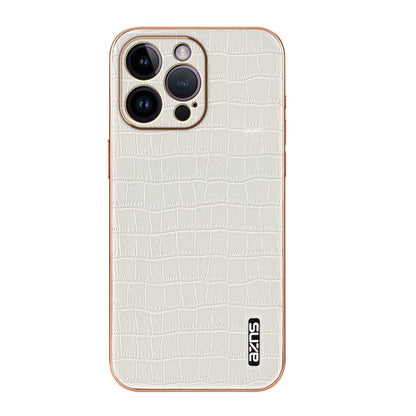 For iPhone 14 Pro Max AZNS Electroplated Frame Crocodile Texture Full Coverage Phone Case(White)
