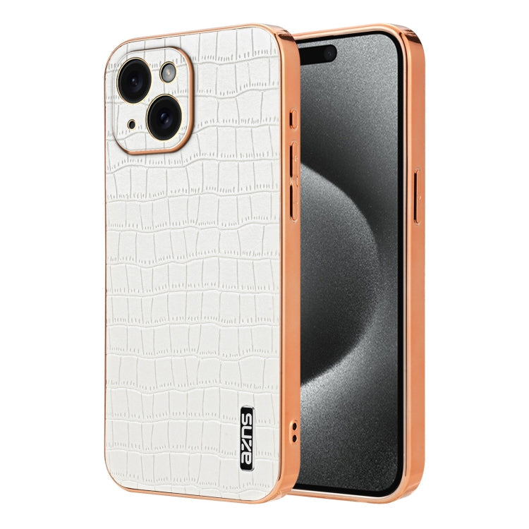 For iPhone 15 AZNS Electroplated Frame Crocodile Texture Full Coverage Phone Case(White)